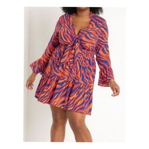 ELOQUI Tie Front Mini Dress Tiered Challis Flowy Zebra Flames Bell Sleeves Sz 24